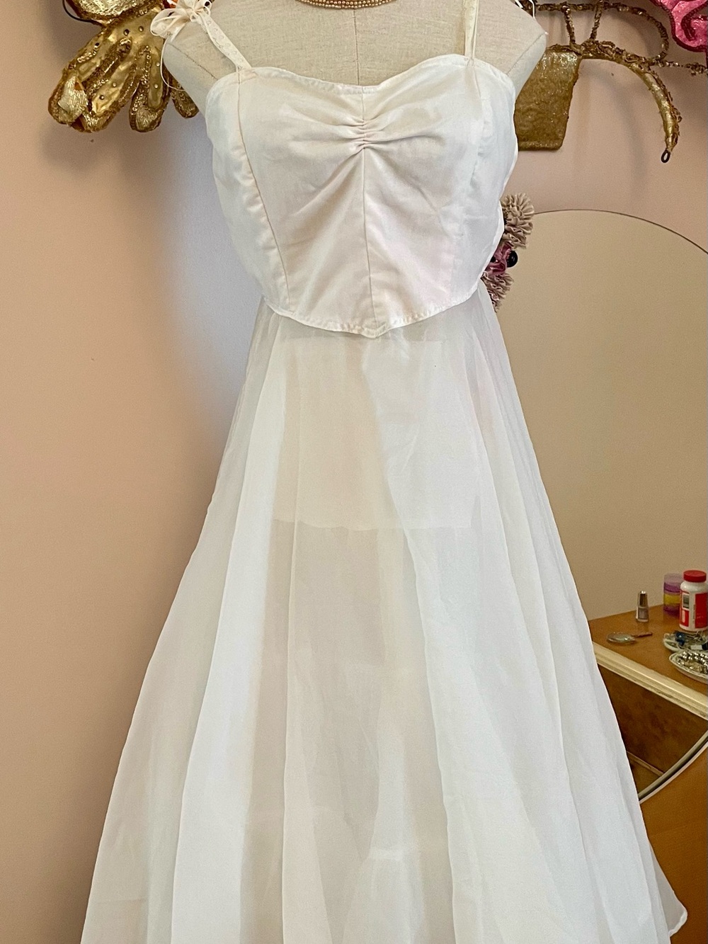 Sheer Vtg Slipdress w Corset Top & Full Skirt w Adjustable Tie Straps Size S